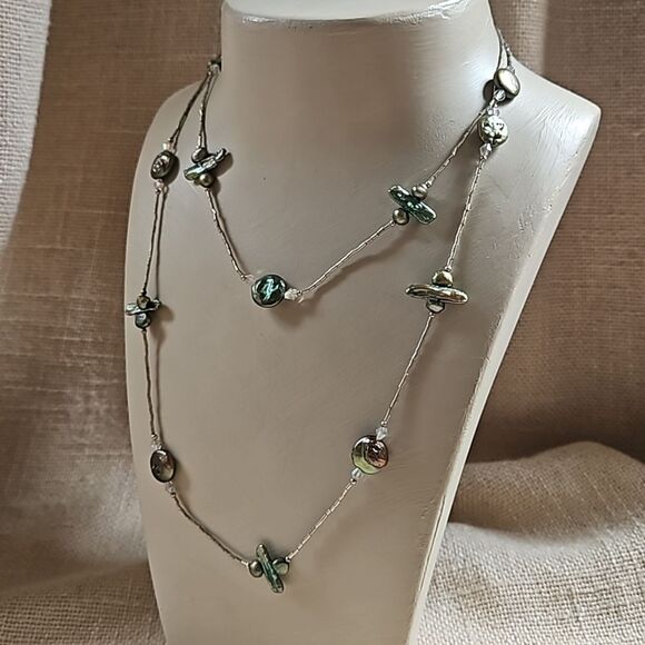 Long 40" Liquid Silver, Crystal and Pearlized Shell Necklace - Iridescent Green - Picture 4 of 8